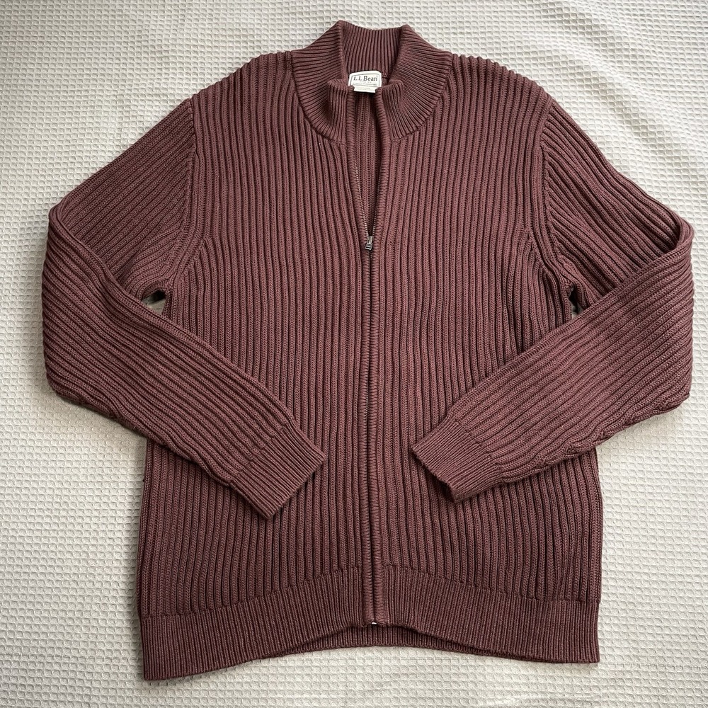 Vintage LL Bean Ribbed Full Zip Sweater Large Mens Heavyweight Cotton Cardigan